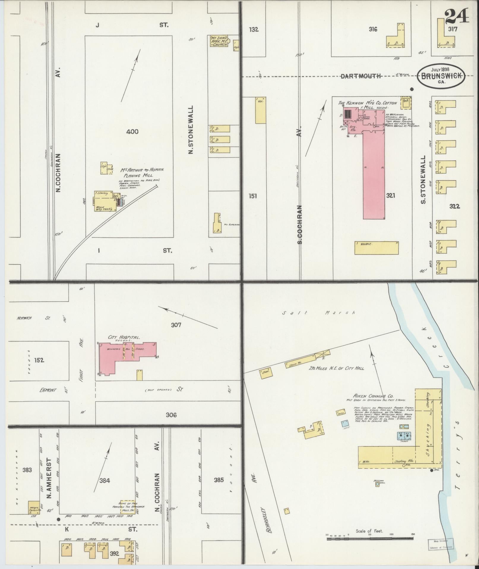 Sanborn Fire Insurance Map from Brunswick, Glynn County, Georgia (1898), Sheet #0024 - Complete Map Set gallery image, historic Sanborn map, vintage wall art, Georgia Georgia
