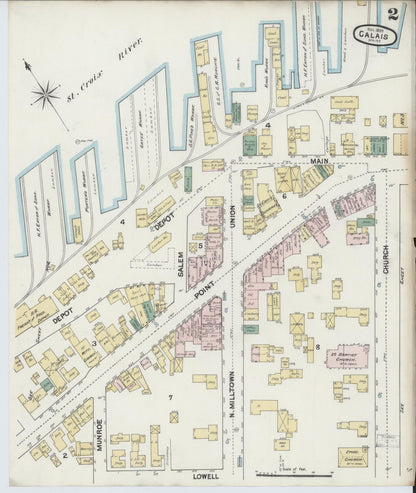 Sanborn Fire Insurance Map from Calais, Washington County, Maine (1889), Sheet #0002 - Complete Map Set gallery image, historic Sanborn map, vintage wall art, Maine Maine