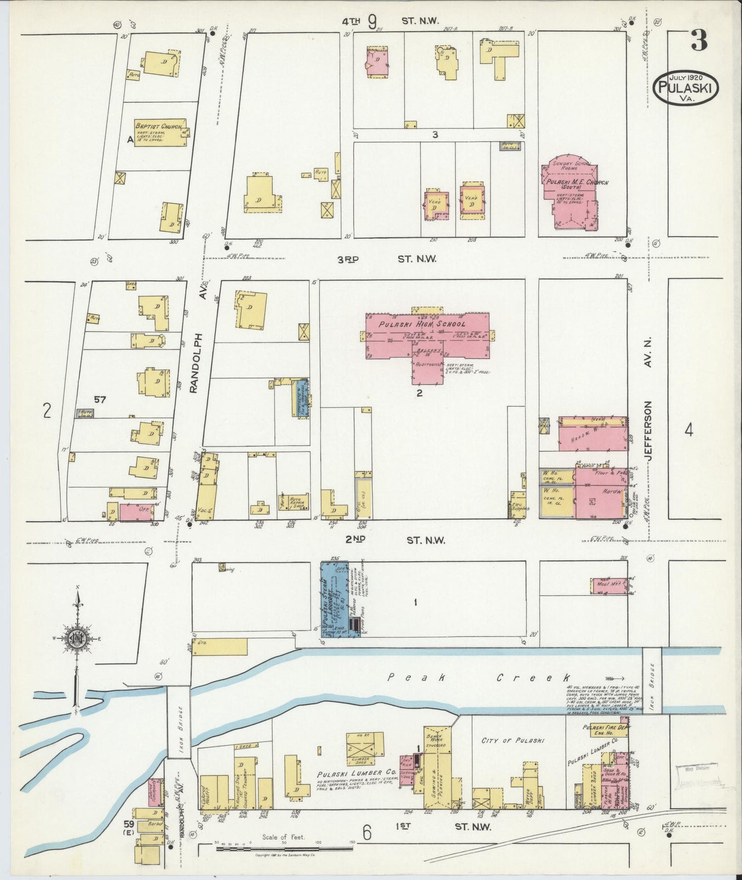 Sanborn Fire Insurance Map from Pulaski, Pulaski County, Virginia (1920), Sheet #0003 - Complete Map Set gallery image, historic Sanborn map, vintage wall art, Virginia Virginia