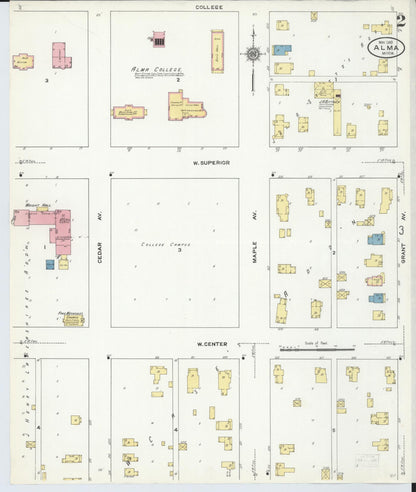 Sanborn Fire Insurance Map from Alma, Gratiot County, Michigan (1910), Sheet #0002 - Complete Map Set gallery image, historic Sanborn map, vintage wall art, Michigan Michigan