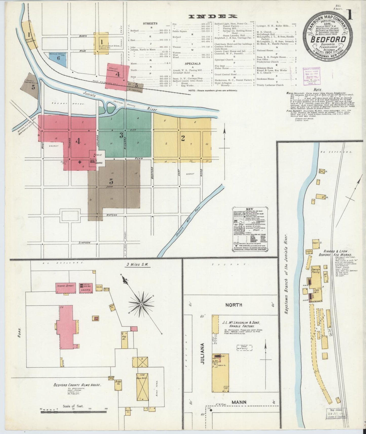 Sanborn Fire Insurance Map from Bedford, Bedford County, Pennsylvania (1906), Sheet #0001 - Historic Sanborn Fire Insurance Map Print, vintage old map wall art, antique decor, genealogy gift, Pennsylvania Pennsylvania map