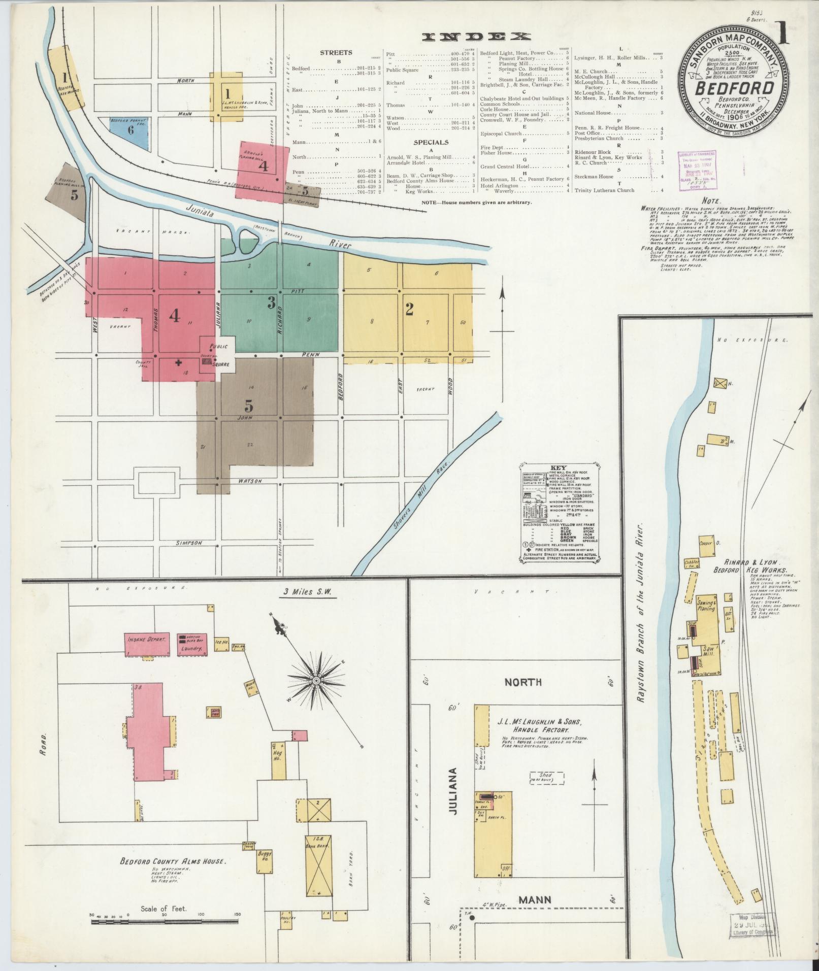 Sanborn Fire Insurance Map from Bedford, Bedford County, Pennsylvania (1906), Sheet #0001 - Historic Sanborn Fire Insurance Map Print, vintage old map wall art, antique decor, genealogy gift, Pennsylvania Pennsylvania map