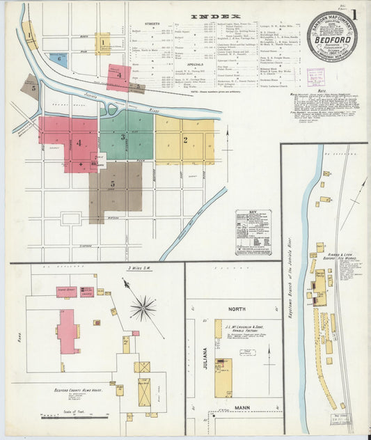 Sanborn Fire Insurance Map from Bedford, Bedford County, Pennsylvania (1906), Sheet #0001 - Historic Sanborn Fire Insurance Map Print, vintage old map wall art, antique decor, genealogy gift, Pennsylvania Pennsylvania map