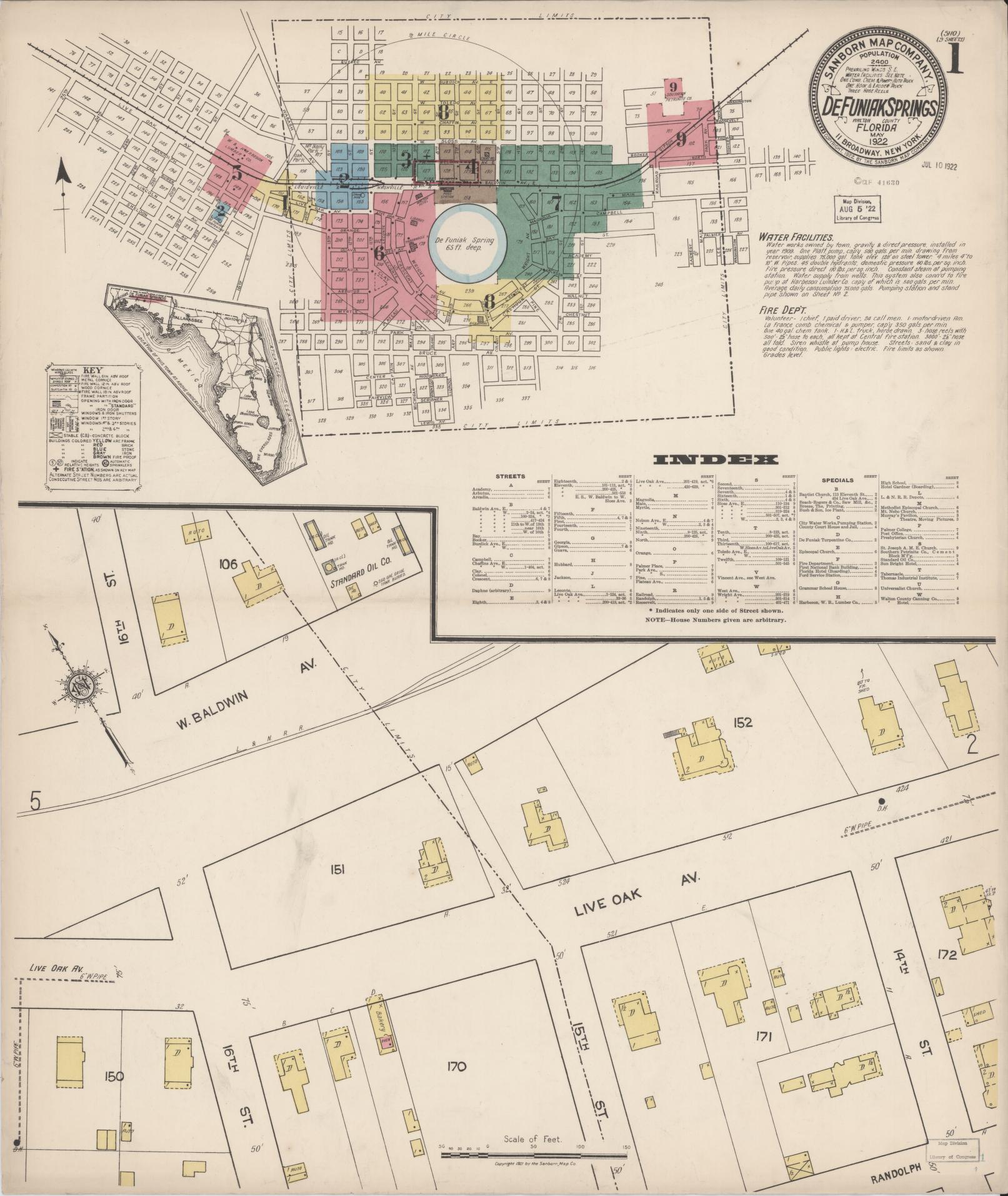 Sanborn Fire Insurance Map from De Funiak Springs, Walton County, Florida (1922), Sheet #0001 - Complete Map Set gallery image, historic Sanborn map, vintage wall art, Florida Florida