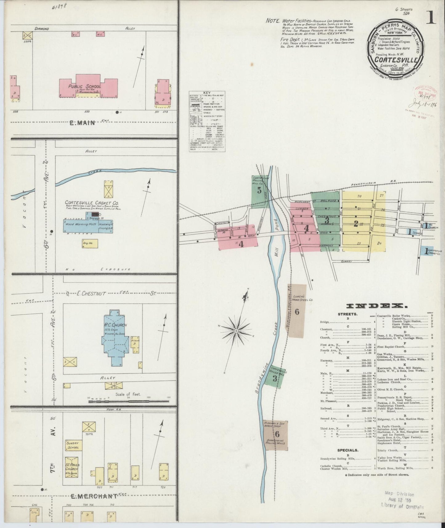 Sanborn Fire Insurance Map from Coatesville, Chester County, Pennsylvania (1896), Sheet #0001 - Historic Sanborn Fire Insurance Map Print, vintage old map wall art, antique decor, genealogy gift, Pennsylvania Pennsylvania map