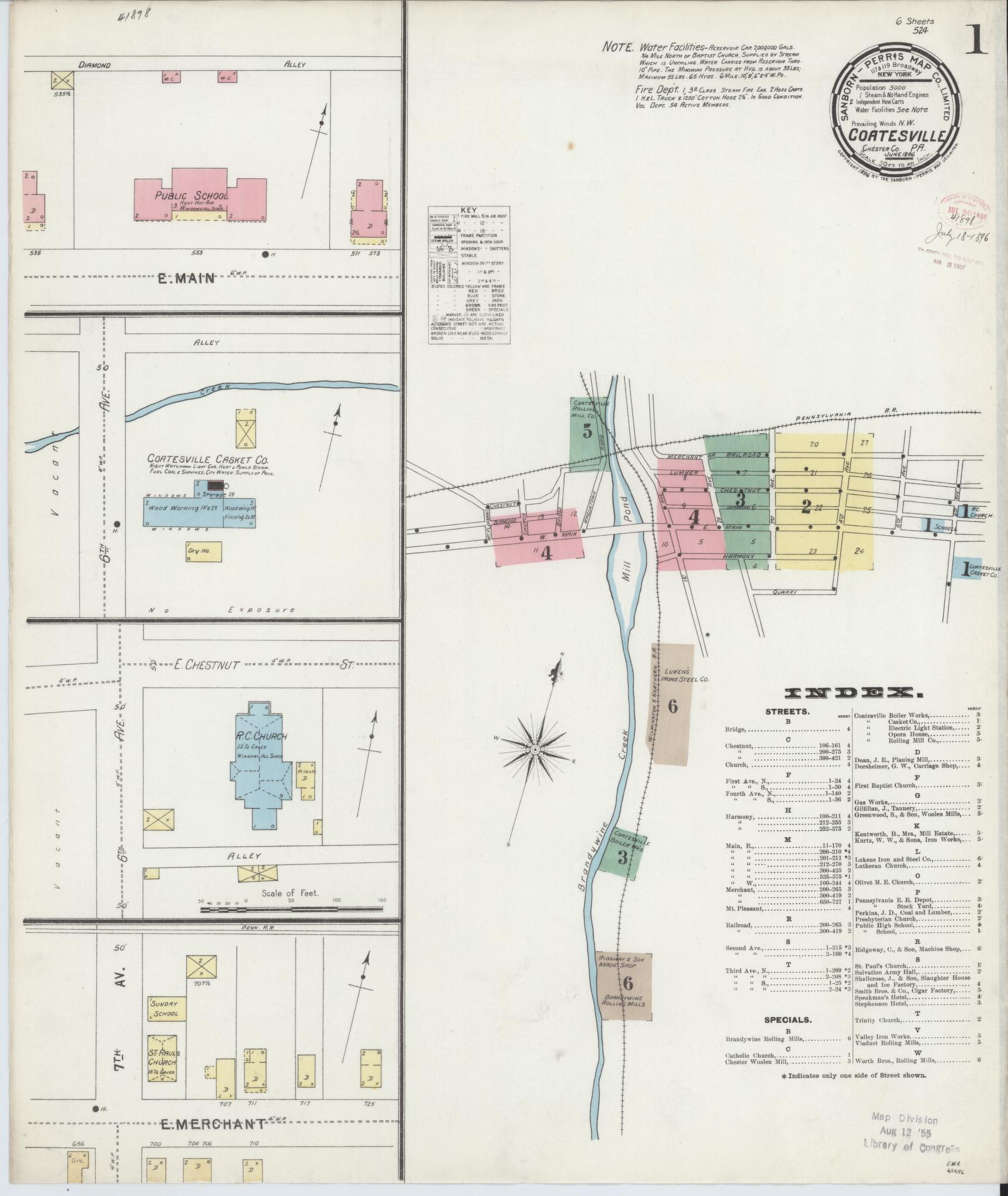 Sanborn Fire Insurance Map from Coatesville, Chester County, Pennsylvania (1896), Sheet #0001 - Historic Sanborn Fire Insurance Map Print, vintage old map wall art, antique decor, genealogy gift, Pennsylvania Pennsylvania map