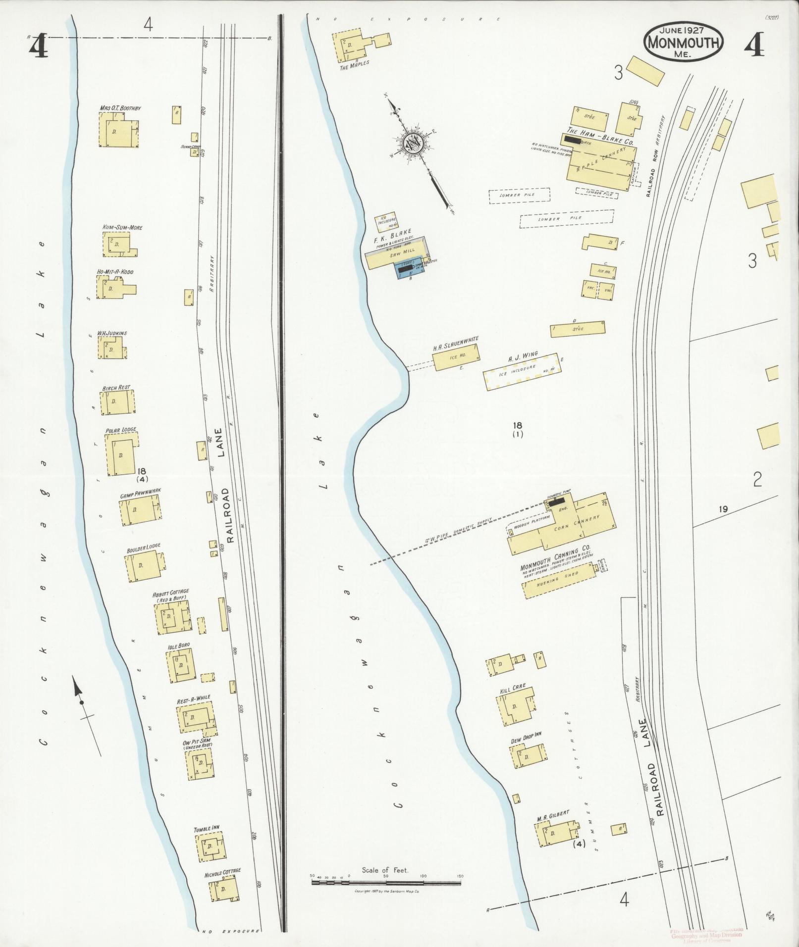 Sanborn Fire Insurance Map from Monmouth, Kennebec County, Maine (1927), Sheet #0004 - Complete Map Set gallery image, historic Sanborn map, vintage wall art, Maine Maine