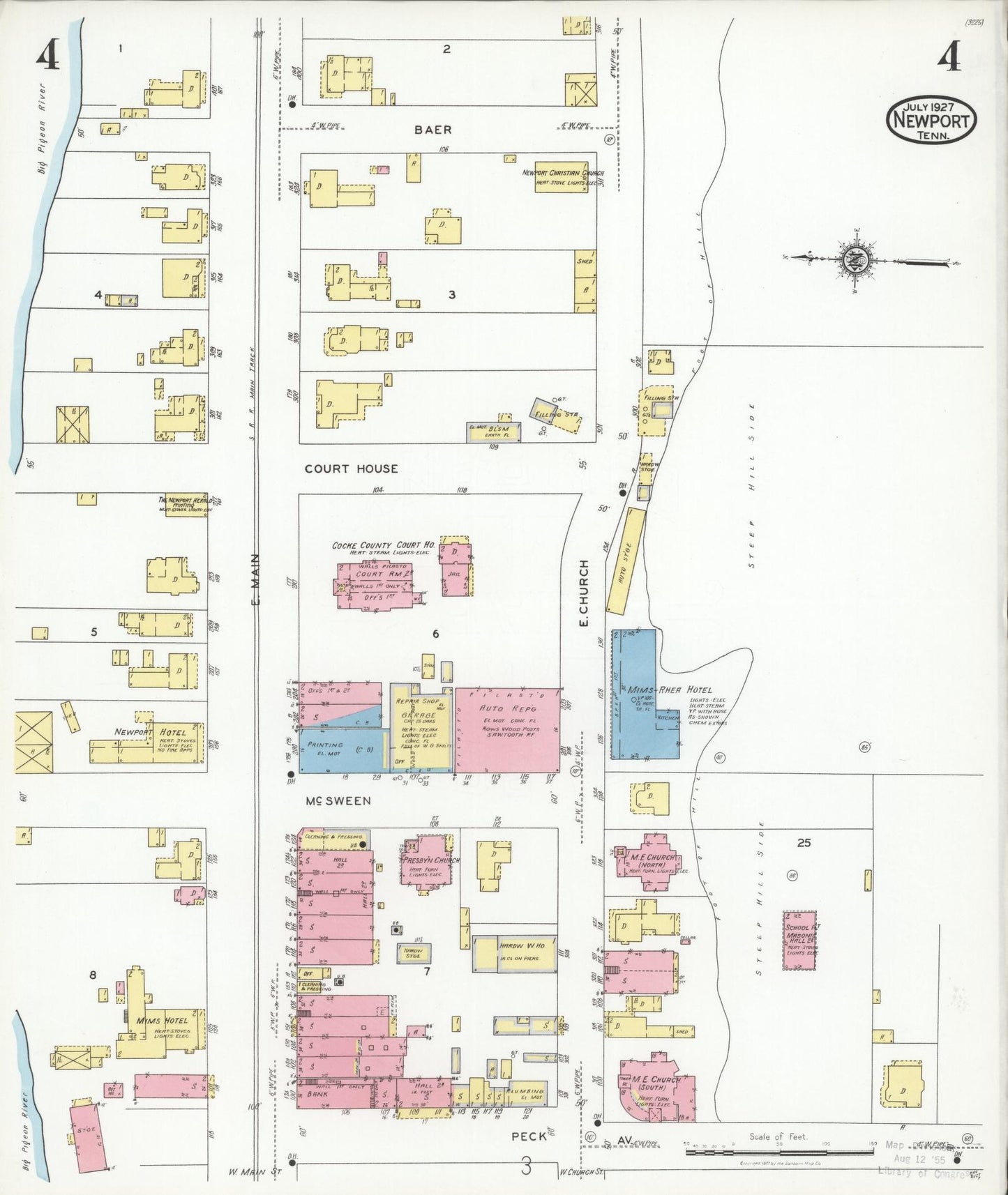 Sanborn Fire Insurance Map from Newport, Cocke County, Tennessee (1927), Sheet #0004 - Historic Sanborn Fire Insurance Map Print, vintage old map wall art, antique decor, genealogy gift, Tennessee Tennessee map