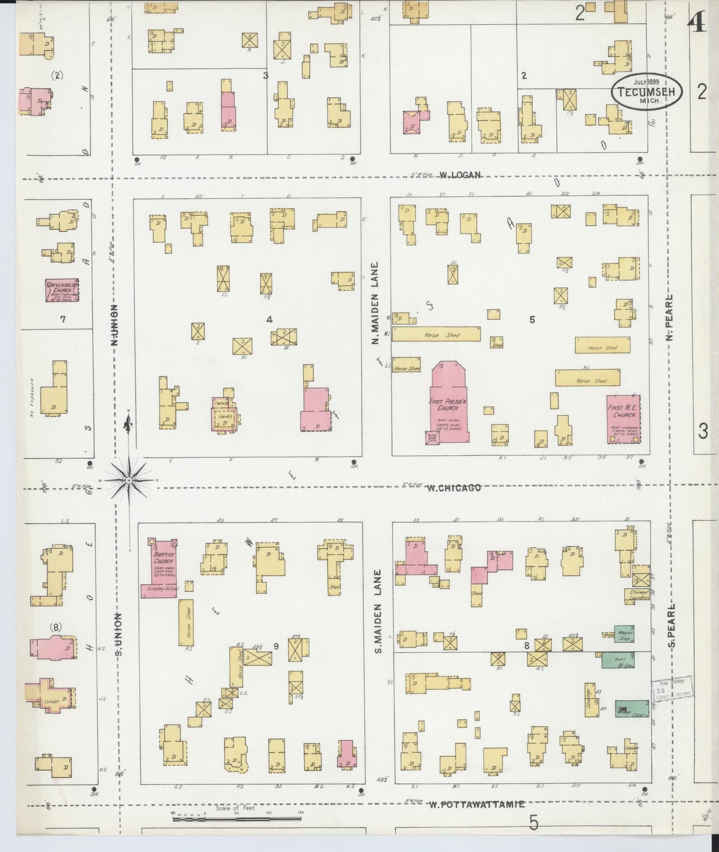 Sanborn Fire Insurance Map from Tecumseh, Lenawee County, Michigan (1899), Sheet #0004 - Complete Map Set gallery image, historic Sanborn map, vintage wall art, Michigan Michigan