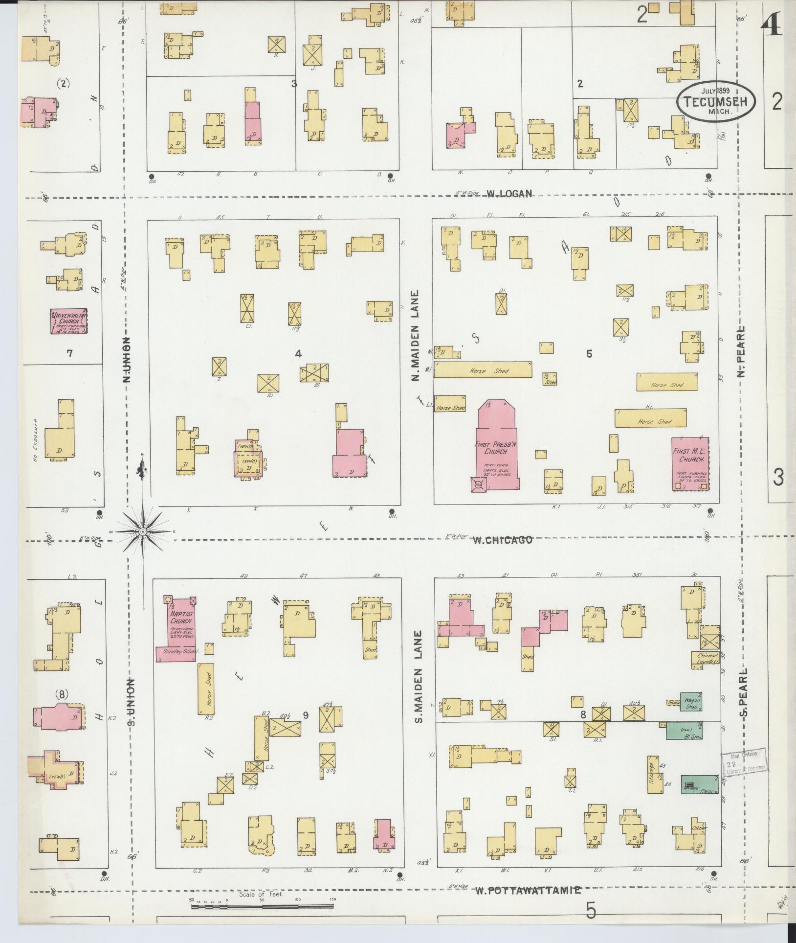 Sanborn Fire Insurance Map from Tecumseh, Lenawee County, Michigan (1899), Sheet #0004 - Complete Map Set gallery image, historic Sanborn map, vintage wall art, Michigan Michigan