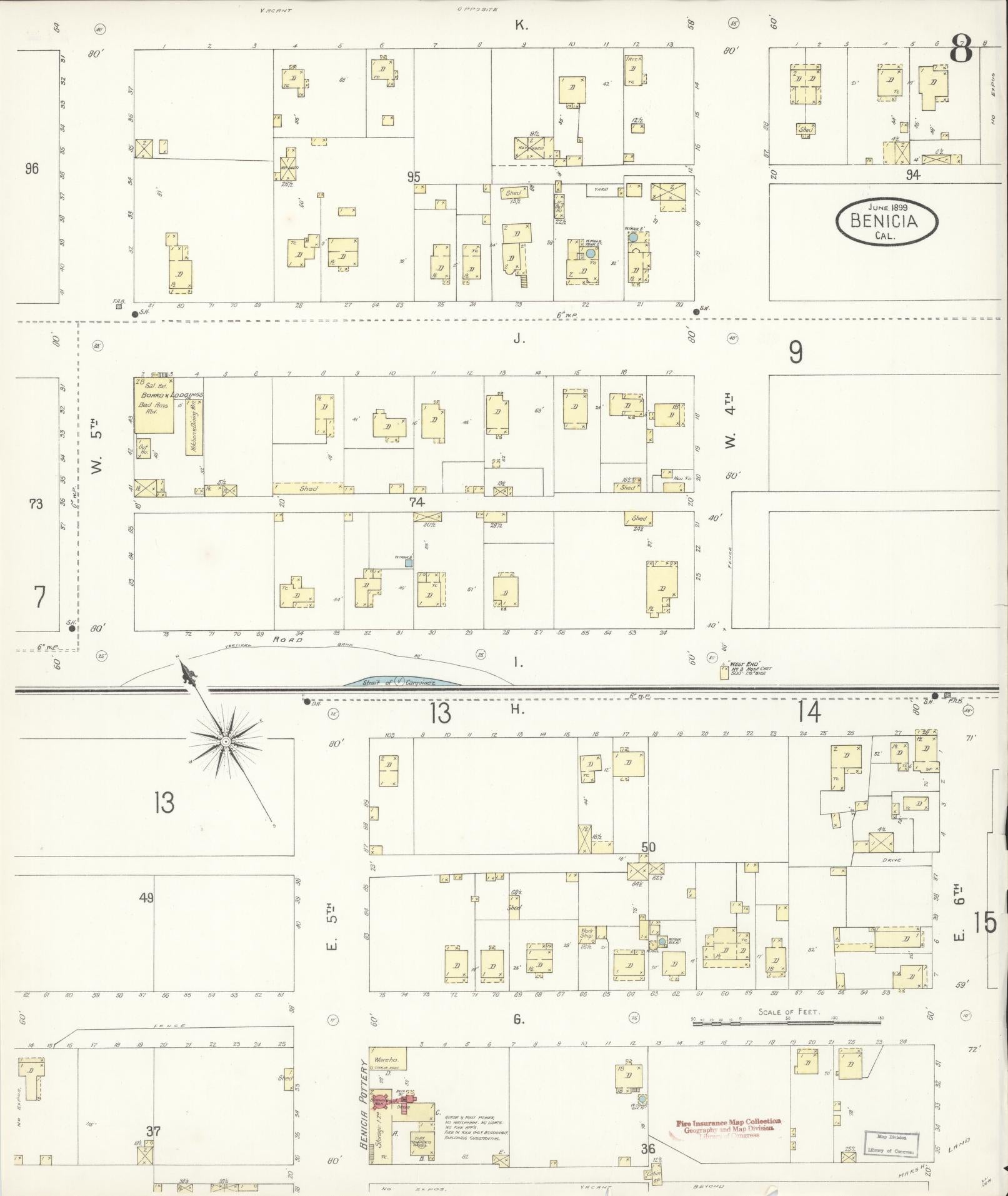 Sanborn Fire Insurance Map from Benicia, Solano County, California (1899), Sheet #0008 - Historic Sanborn Fire Insurance Map Print, vintage old map wall art, antique decor, genealogy gift, California California map