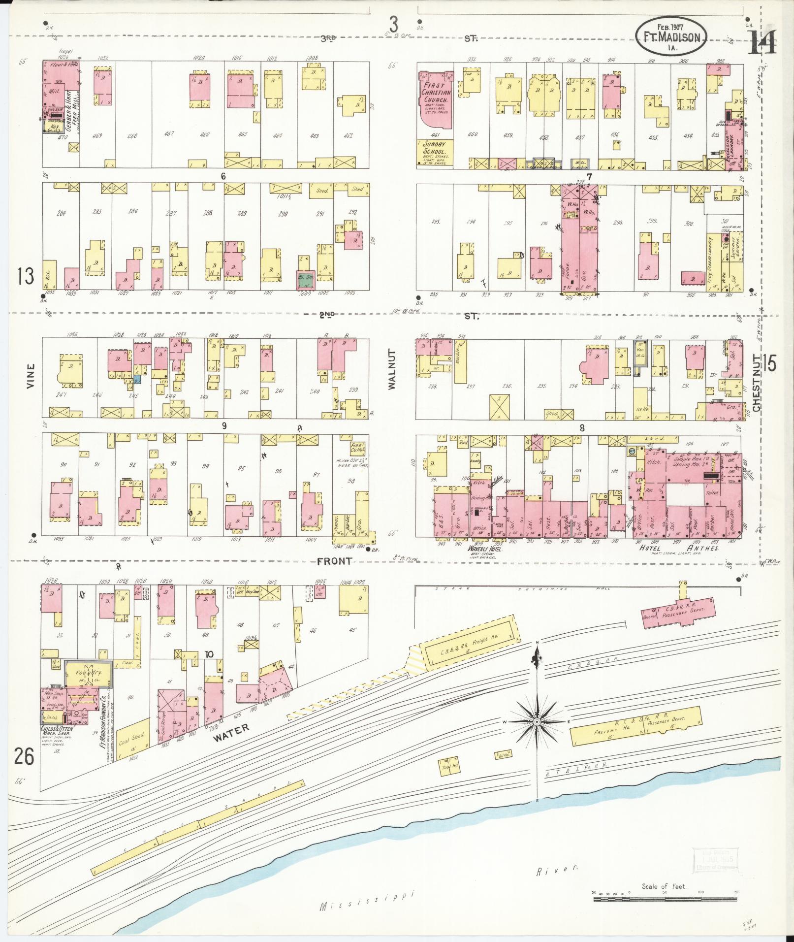 Sanborn Fire Insurance Map from Fort Madison, Lee County, Iowa (1907), Sheet #0014 - Historic Sanborn Fire Insurance Map Print, vintage old map wall art