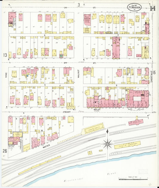 Sanborn Fire Insurance Map from Fort Madison, Lee County, Iowa (1907), Sheet #0014 - Historic Sanborn Fire Insurance Map Print, vintage old map wall art