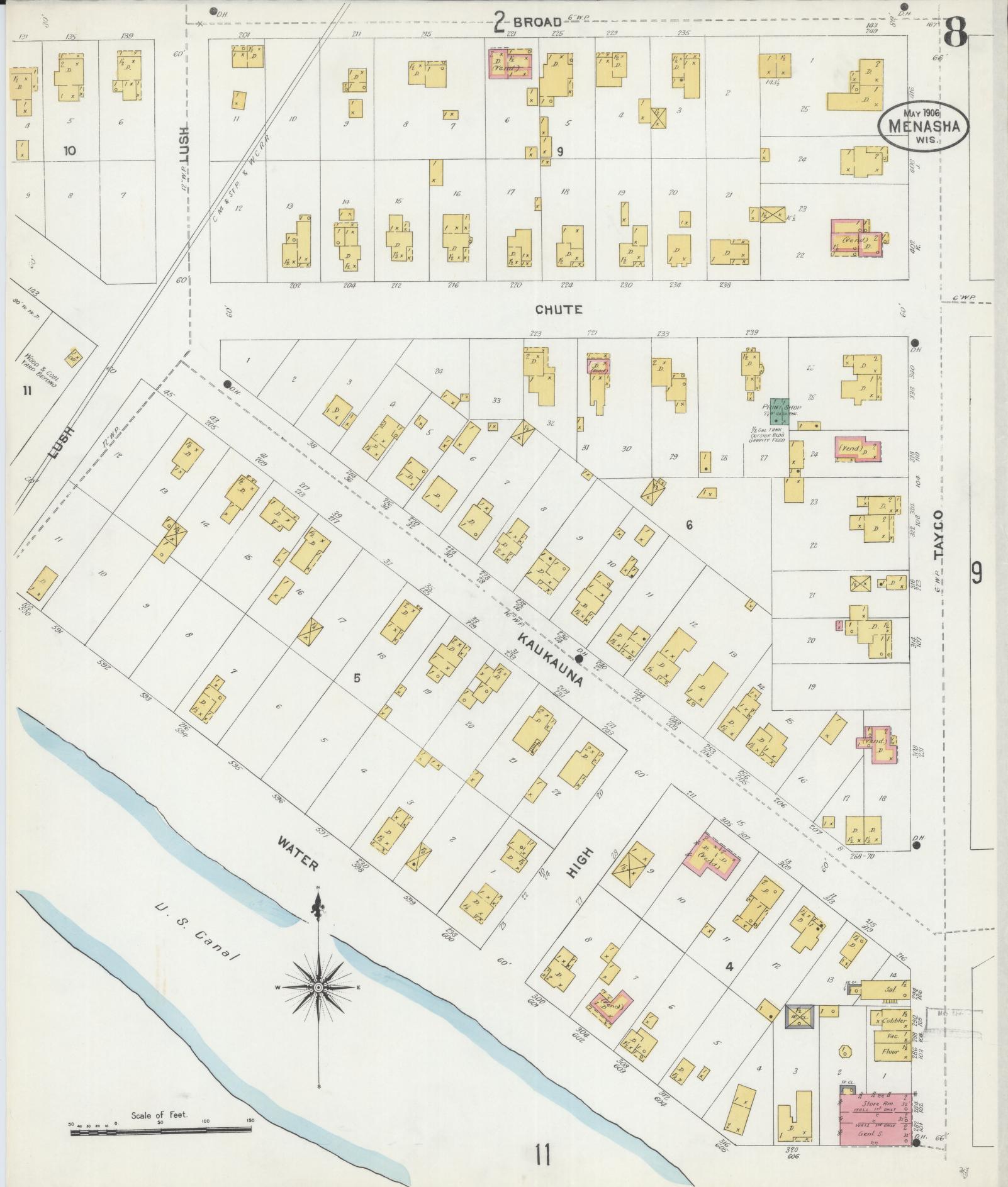 Sanborn Fire Insurance Map from Menasha, Winnebago County, Wisconsin (1906), Sheet #0008 - Historic Sanborn Fire Insurance Map Print, vintage old map wall art, antique decor, genealogy gift, Wisconsin Wisconsin map