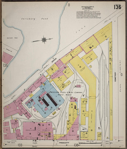 Sanborn Fire Insurance Map from Worcester, Worcester County, Massachusetts (1910), Sheet #0136 - Historic Sanborn Fire Insurance Map Print, vintage old map wall art, antique decor, genealogy gift, Massachusetts Massachusetts map