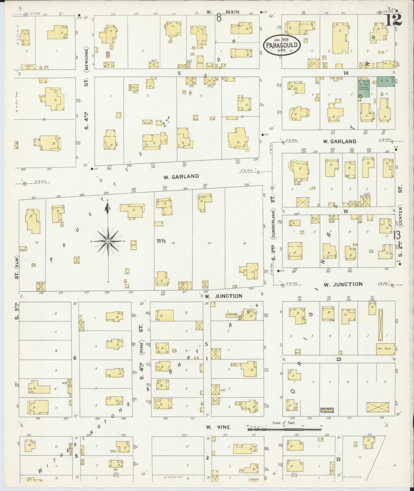 Sanborn Fire Insurance Map from Paragould, Greene County, Arkansas (1909), Sheet #0012 - Complete Map Set gallery image, historic Sanborn map, vintage wall art, Arkansas Arkansas