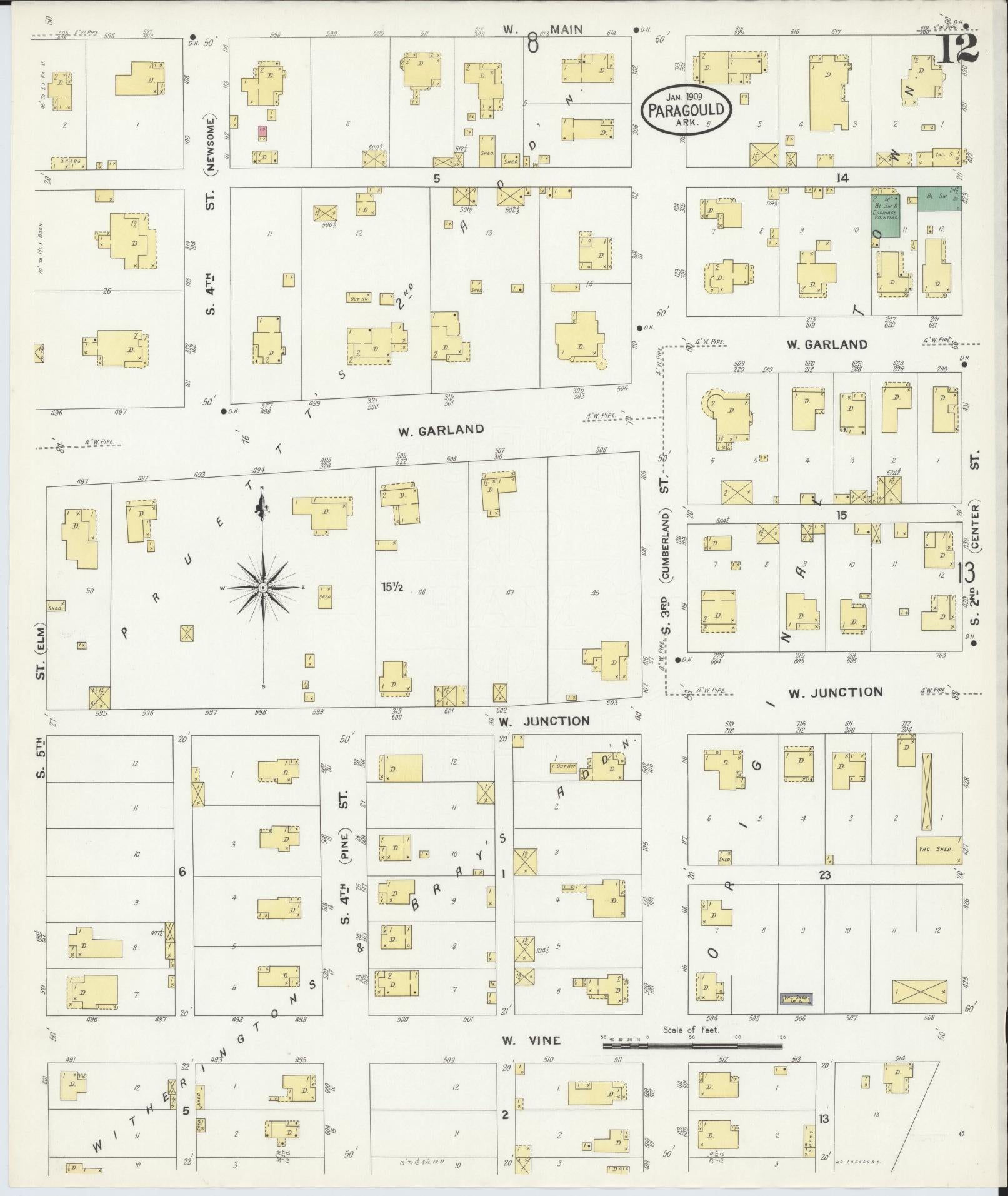 Sanborn Fire Insurance Map from Paragould, Greene County, Arkansas (1909), Sheet #0012 - Complete Map Set gallery image, historic Sanborn map, vintage wall art, Arkansas Arkansas