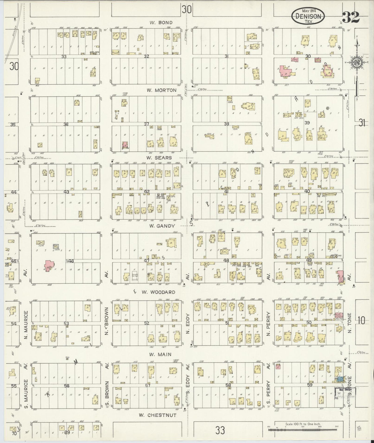 Sanborn Fire Insurance Map from Denison, Grayson County, Texas (1914), Sheet #0032 - Complete Map Set gallery image, historic Sanborn map, vintage wall art, Texas Texas