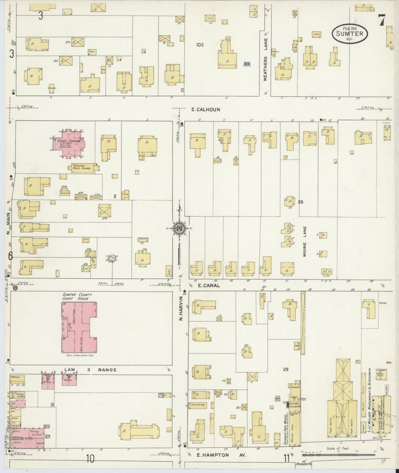 Sanborn Fire Insurance Map from Sumter, Sumter County, South Carolina (1912), Sheet #0007 - Historic Sanborn Fire Insurance Map Print, vintage old map wall art, antique decor, genealogy gift, South Carolina South Carolina map