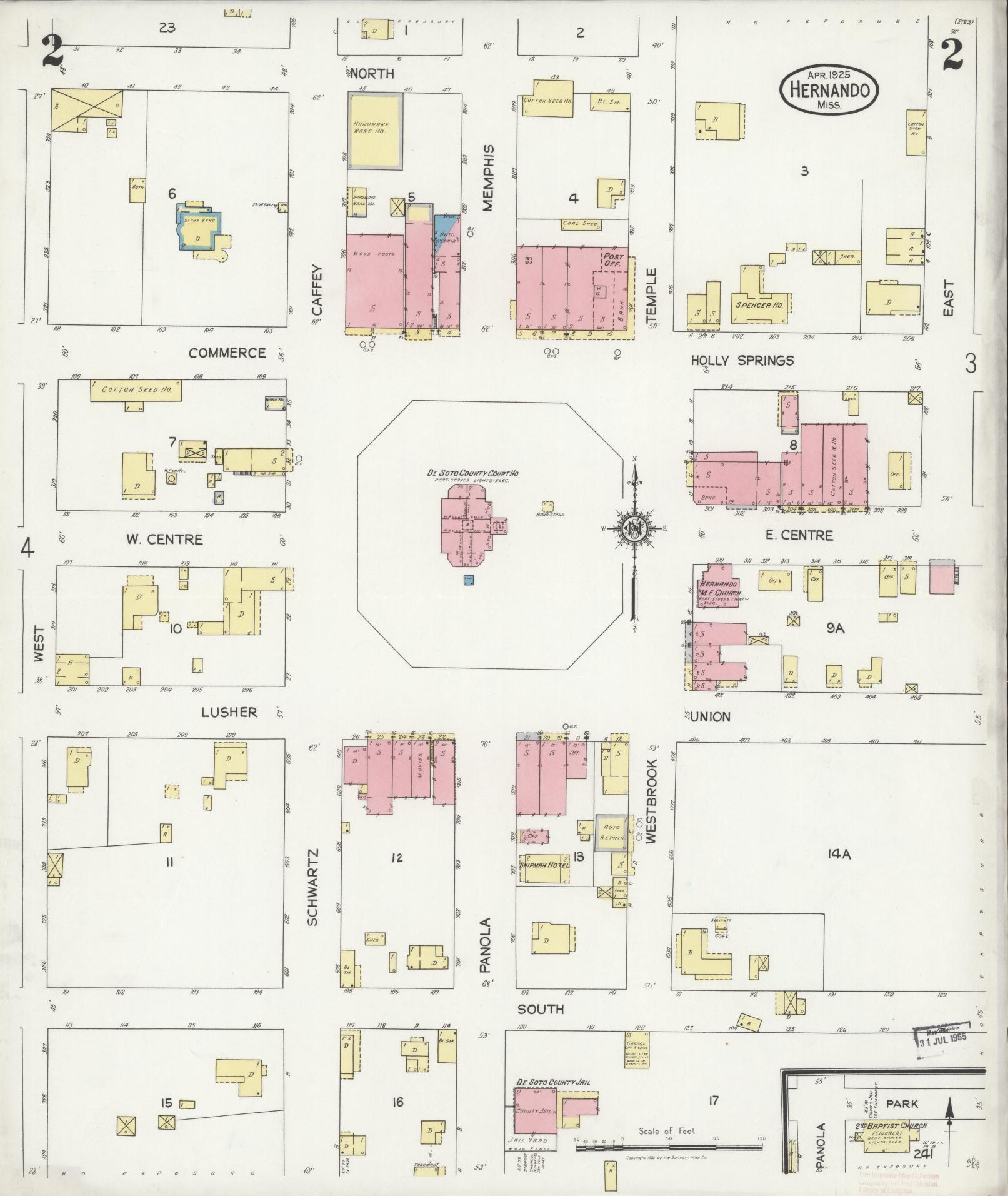 Sanborn Fire Insurance Map from Hernando, De Soto County, Mississippi (1925), Sheet #0002 - Complete Map Set gallery image, historic Sanborn map, vintage wall art, Mississippi Mississippi