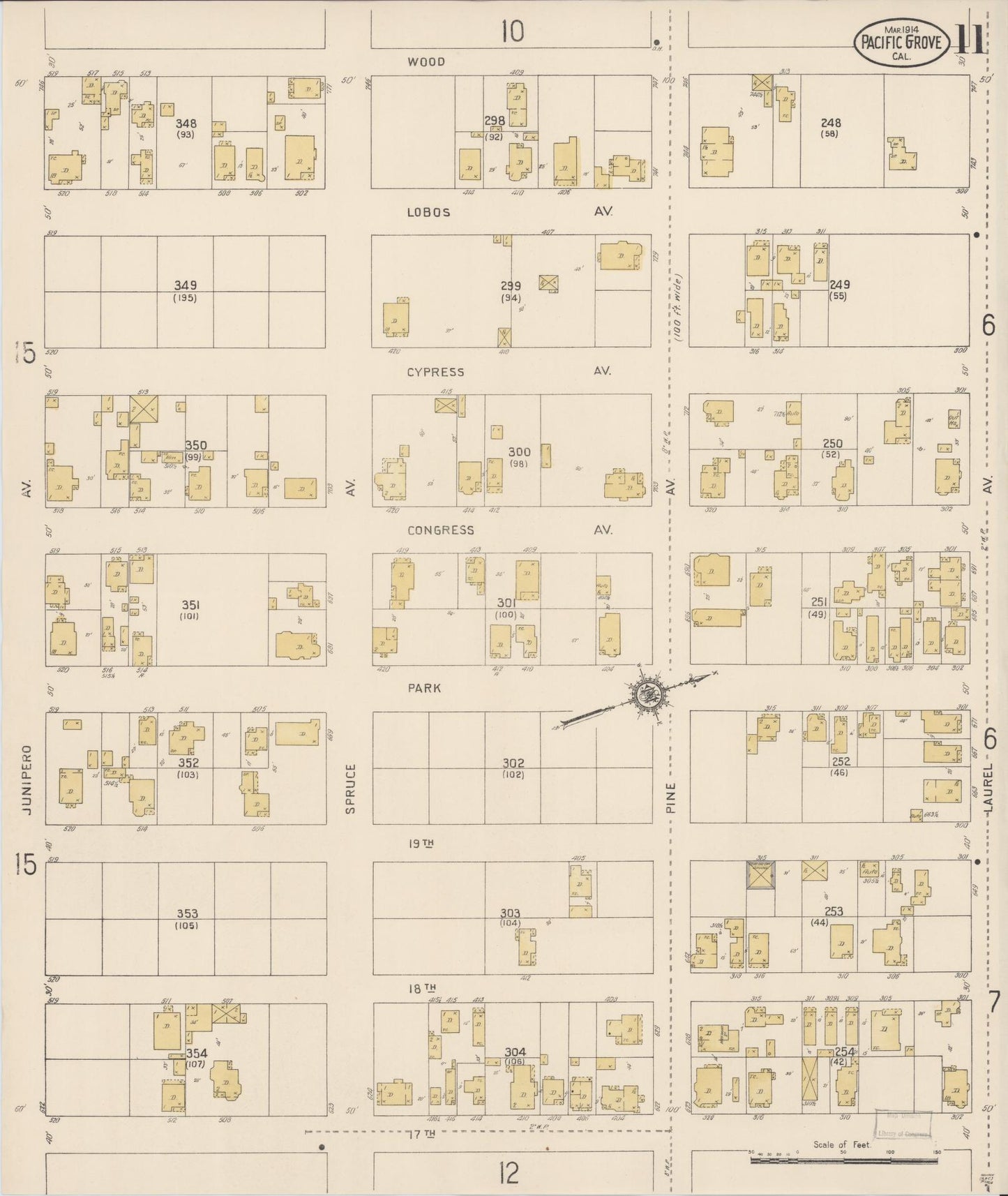 Sanborn Fire Insurance Map from Pacific Grove, Monterey County, California (1914), Sheet #0011 - Complete Map Set gallery image, historic Sanborn map, vintage wall art, California California