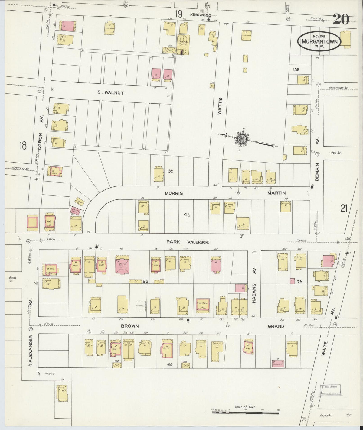Sanborn Fire Insurance Map from Morgantown, Monongalia County, West Virginia (1911), Sheet #0020 - Historic Sanborn Fire Insurance Map Print, vintage old map wall art, antique decor, genealogy gift, West Virginia West Virginia map
