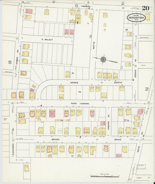 Sanborn Fire Insurance Map from Morgantown, Monongalia County, West Virginia (1911), Sheet #0020 - Historic Sanborn Fire Insurance Map Print, vintage old map wall art, antique decor, genealogy gift, West Virginia West Virginia map