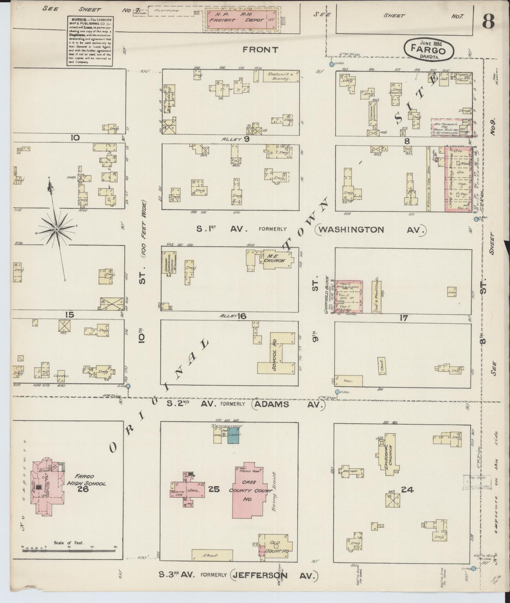Sanborn Fire Insurance Map from Fargo, Cass County, North Dakota (1884), Sheet #0008 - Historic Sanborn Fire Insurance Map Print, vintage old map wall art, antique decor, genealogy gift, North Dakota North Dakota map