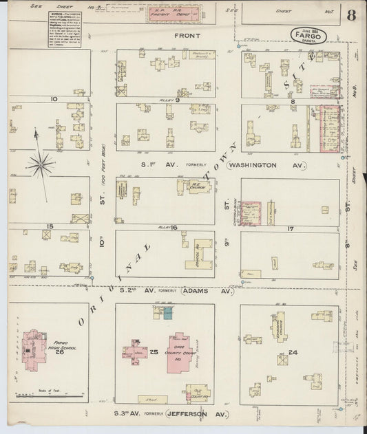 Sanborn Fire Insurance Map from Fargo, Cass County, North Dakota (1884), Sheet #0008 - Historic Sanborn Fire Insurance Map Print, vintage old map wall art, antique decor, genealogy gift, North Dakota North Dakota map