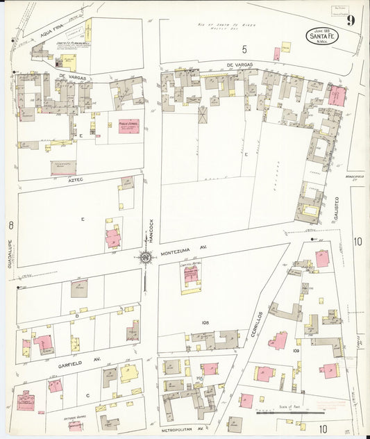 Sanborn Fire Insurance Map from Santa Fe, Santa Fe County, New Mexico (1913), Sheet #0009 - Historic Sanborn Fire Insurance Map Print, vintage old map wall art, antique decor, genealogy gift, New Mexico New Mexico map