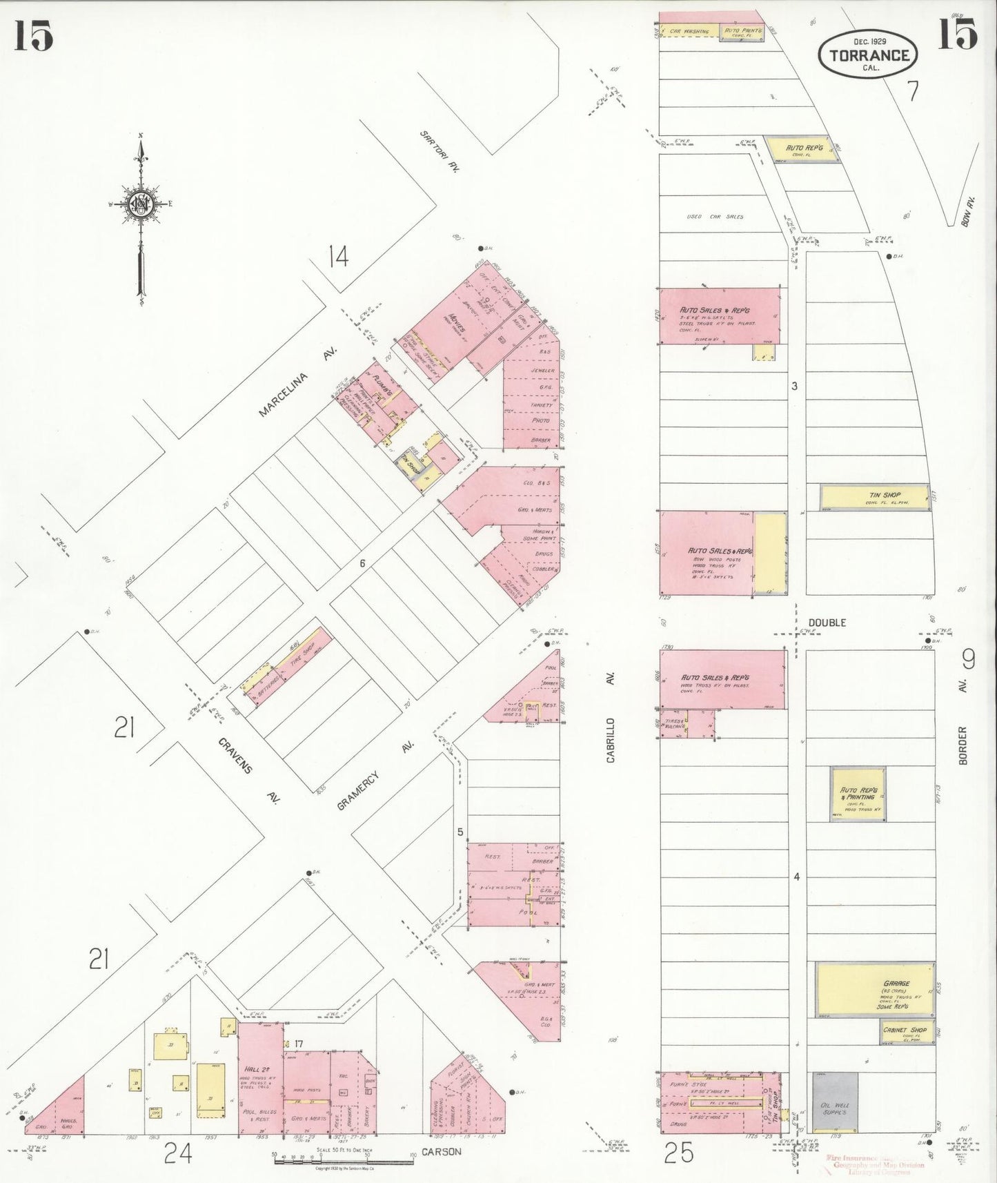 Sanborn Fire Insurance Map from Torrance, Los Angeles County, California (1929), Sheet #0015 - Complete Map Set gallery image, historic Sanborn map, vintage wall art, California California