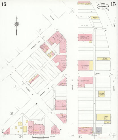 Sanborn Fire Insurance Map from Torrance, Los Angeles County, California (1929), Sheet #0015 - Complete Map Set gallery image, historic Sanborn map, vintage wall art, California California