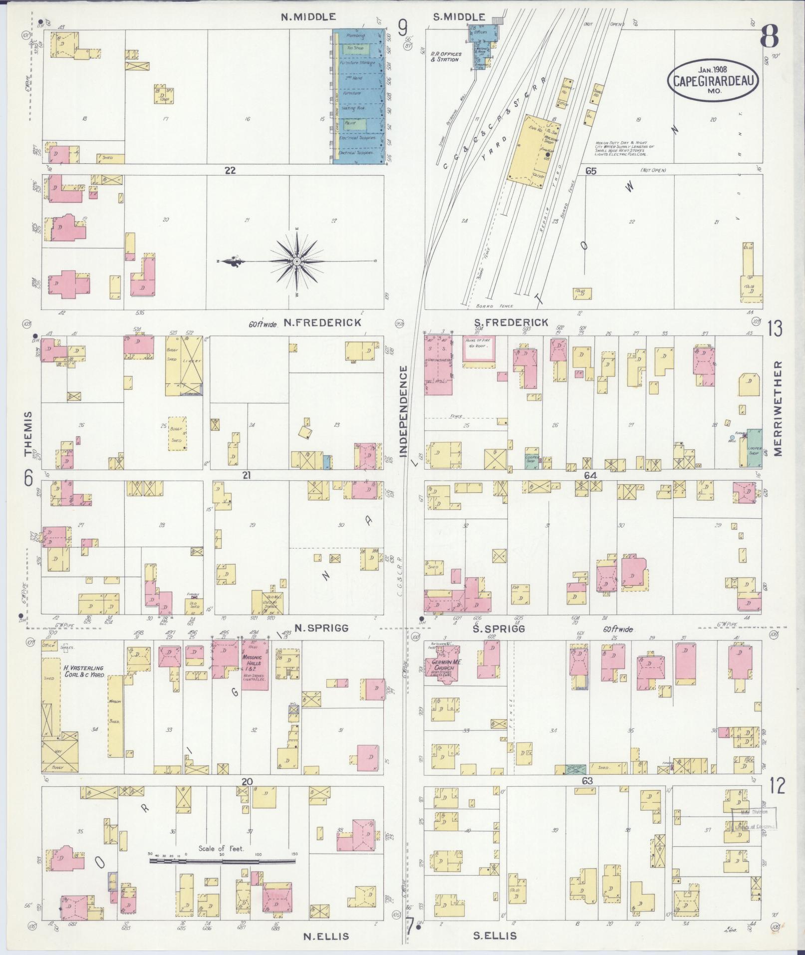 Sanborn Fire Insurance Map from Cape Girardeau, Cape Girardeau County, Missouri (1908), Sheet #0008 - Historic Sanborn Fire Insurance Map Print, vintage old map wall art, antique decor, genealogy gift, Missouri Missouri map