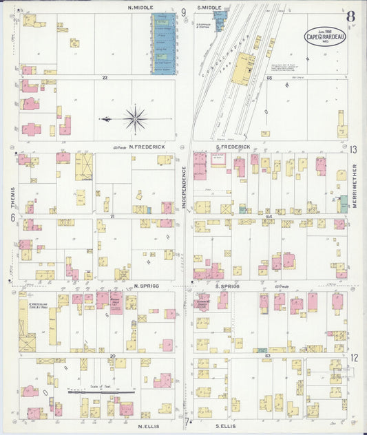 Sanborn Fire Insurance Map from Cape Girardeau, Cape Girardeau County, Missouri (1908), Sheet #0008 - Historic Sanborn Fire Insurance Map Print, vintage old map wall art, antique decor, genealogy gift, Missouri Missouri map