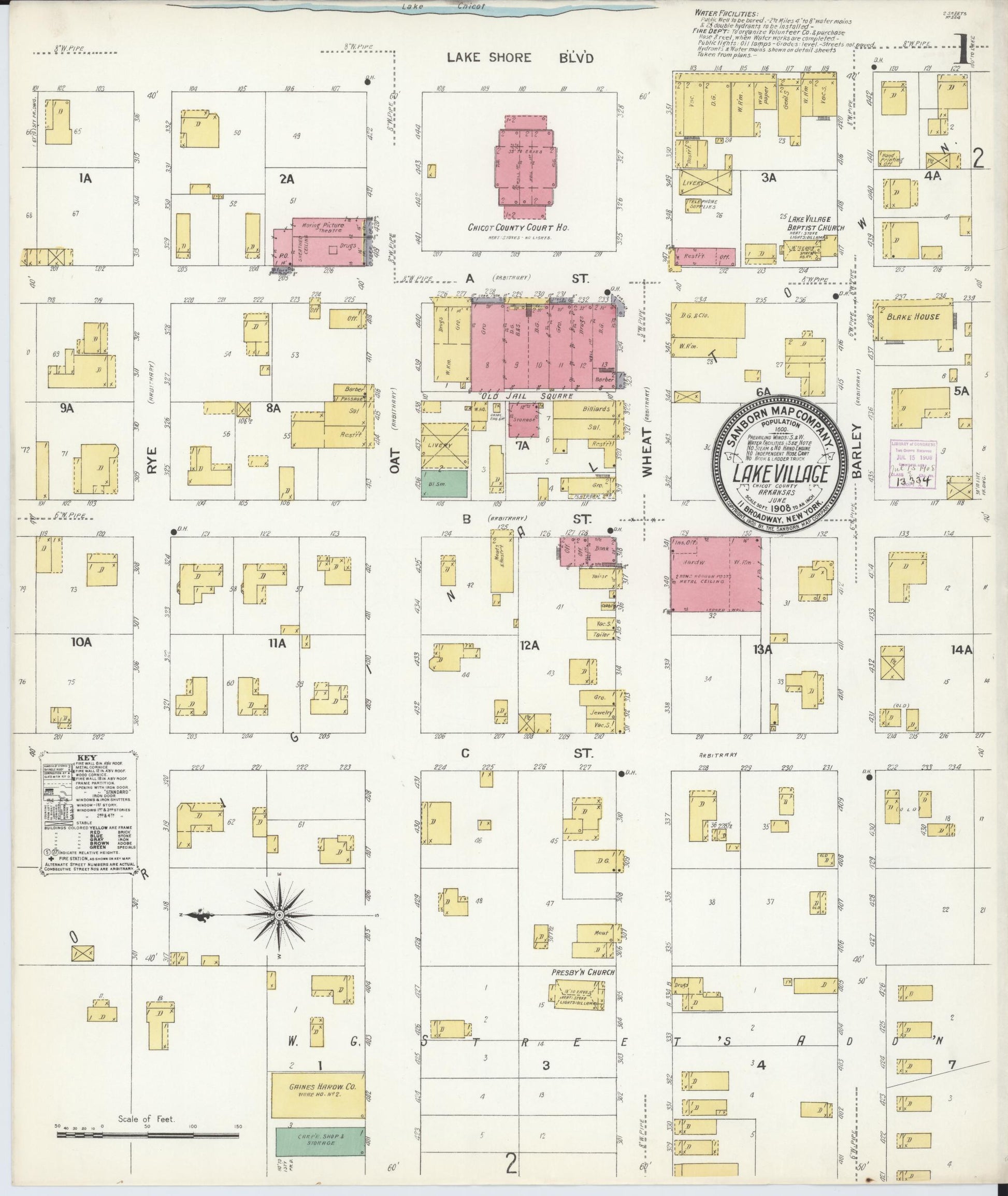 Sanborn Fire Insurance Map from Lake Village, Chicot County, Arkansas (1908), Sheet #0001 - Historic Sanborn Fire Insurance Map Print, vintage old map wall art, antique decor, genealogy gift, Arkansas Arkansas map