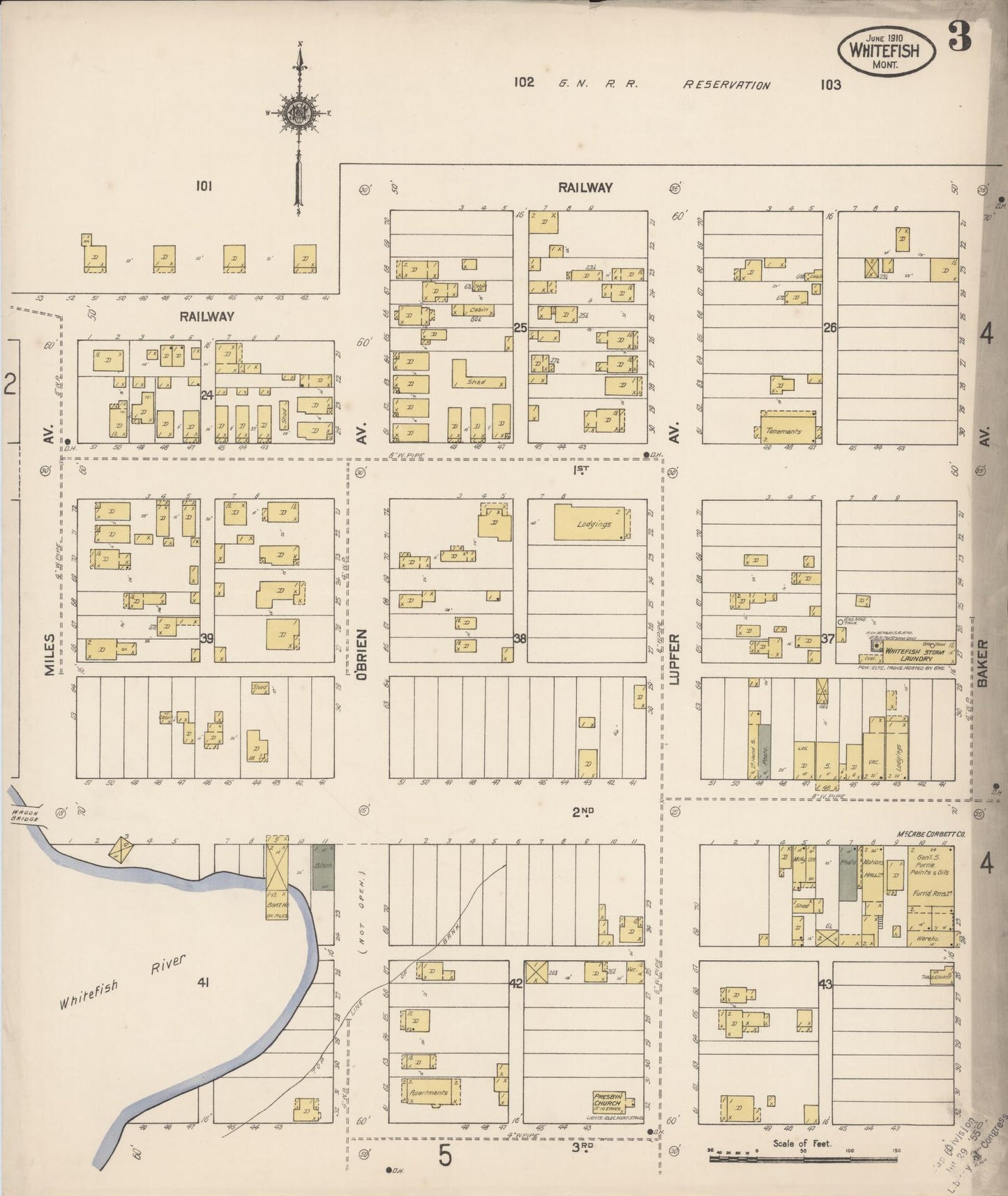 Sanborn Fire Insurance Map from Whitefish, Flathead County, Montana (1910), Sheet #0003 - Complete Map Set gallery image, historic Sanborn map, vintage wall art, Montana Montana