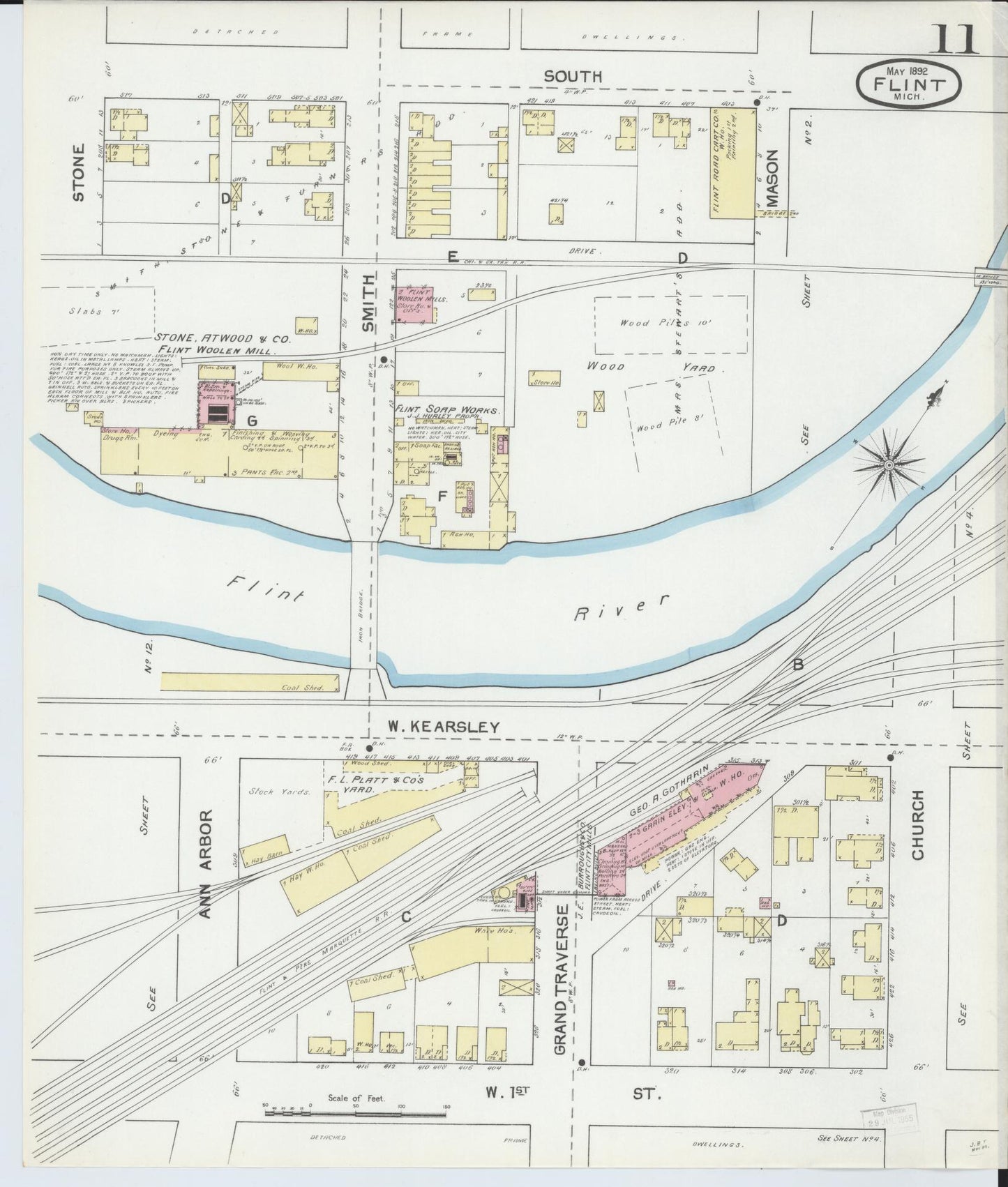 Sanborn Fire Insurance Map from Flint, Genesee County, Michigan (1892), Sheet #0011 - Historic Sanborn Fire Insurance Map Print, vintage old map wall art, antique decor, genealogy gift, Michigan Michigan map
