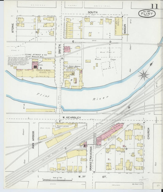 Sanborn Fire Insurance Map from Flint, Genesee County, Michigan (1892), Sheet #0011 - Historic Sanborn Fire Insurance Map Print, vintage old map wall art, antique decor, genealogy gift, Michigan Michigan map