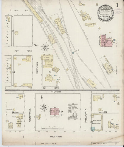 Sanborn Fire Insurance Map from Longview, Gregg County, Texas (1885), Sheet #0001 - Historic Sanborn Fire Insurance Map Print, vintage old map wall art, antique decor, genealogy gift, Texas Texas map