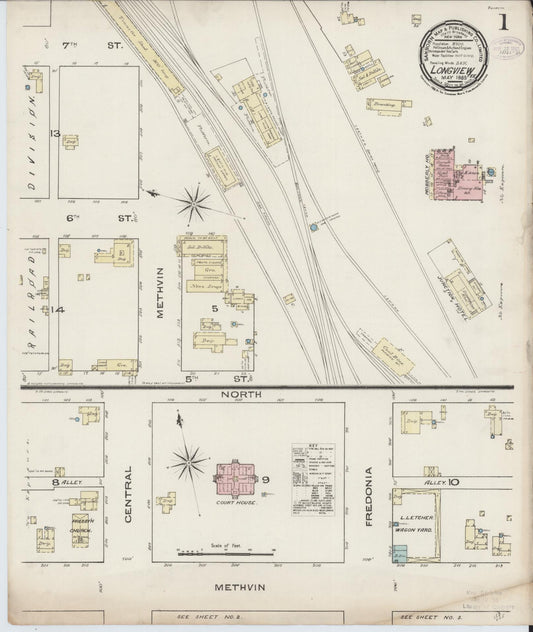 Sanborn Fire Insurance Map from Longview, Gregg County, Texas (1885), Sheet #0001 - Historic Sanborn Fire Insurance Map Print, vintage old map wall art, antique decor, genealogy gift, Texas Texas map