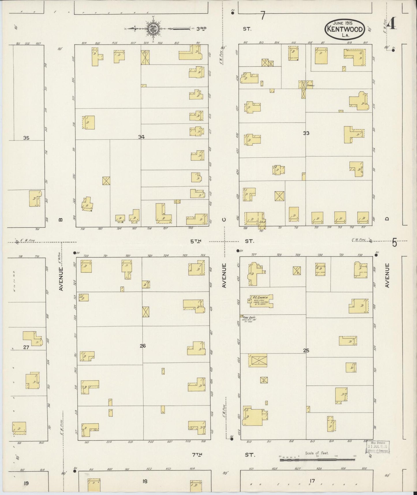 Sanborn Fire Insurance Map from Kentwood, Tangipahoa Parish, Louisiana (1915), Sheet #0004 - Historic Sanborn Fire Insurance Map Print, vintage old map wall art, antique decor, genealogy gift, Louisiana Louisiana map