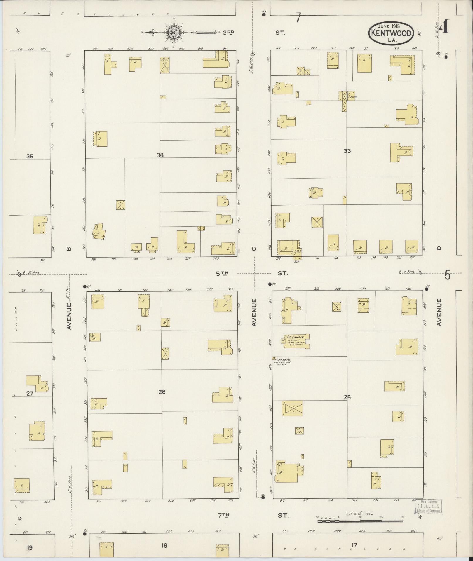Sanborn Fire Insurance Map from Kentwood, Tangipahoa Parish, Louisiana (1915), Sheet #0004 - Historic Sanborn Fire Insurance Map Print, vintage old map wall art, antique decor, genealogy gift, Louisiana Louisiana map