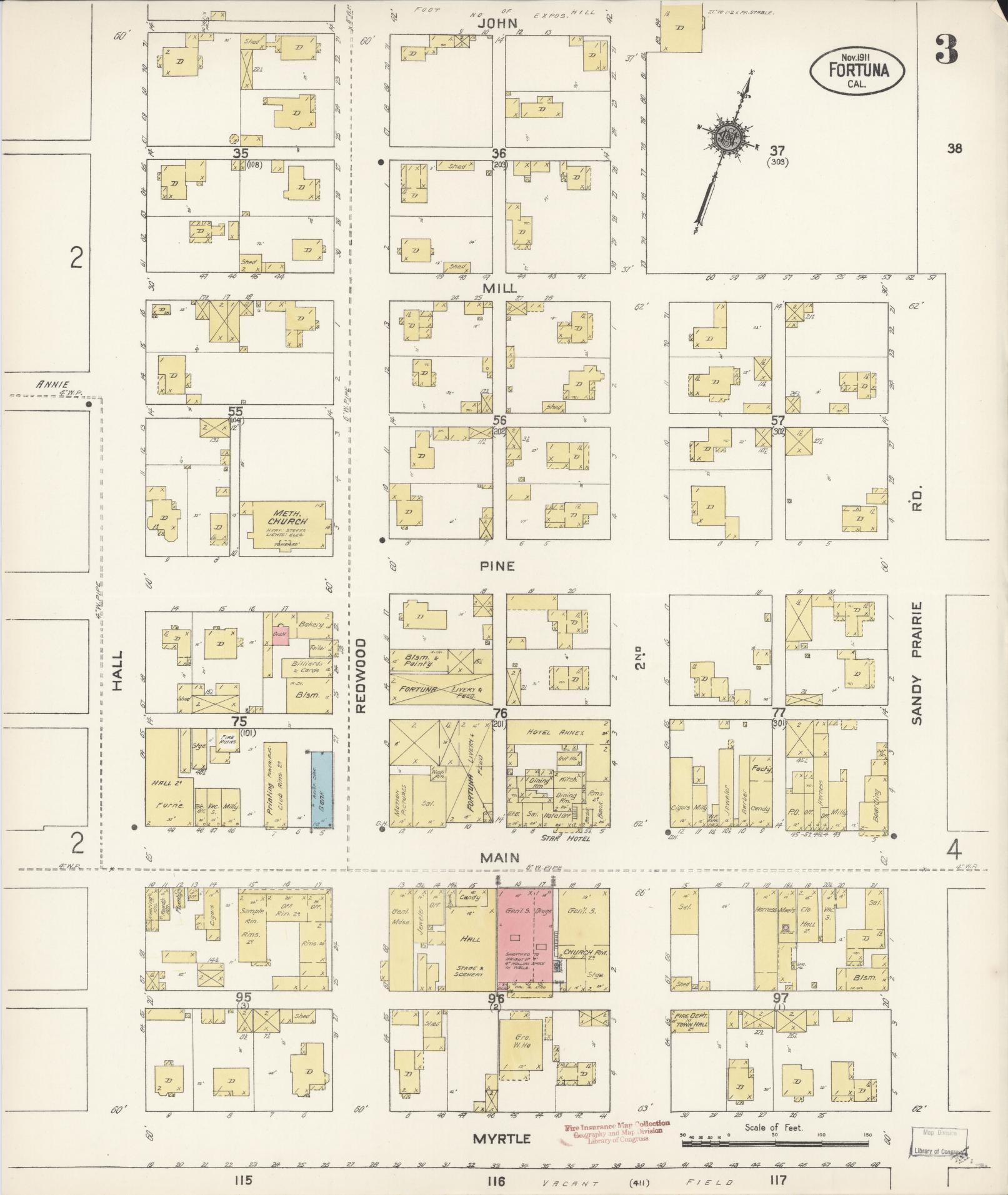 Sanborn Fire Insurance Map from Fortuna, Humboldt County, California (1911), Sheet #0003 - Historic Sanborn Fire Insurance Map Print, vintage old map wall art, antique decor, genealogy gift, California California map