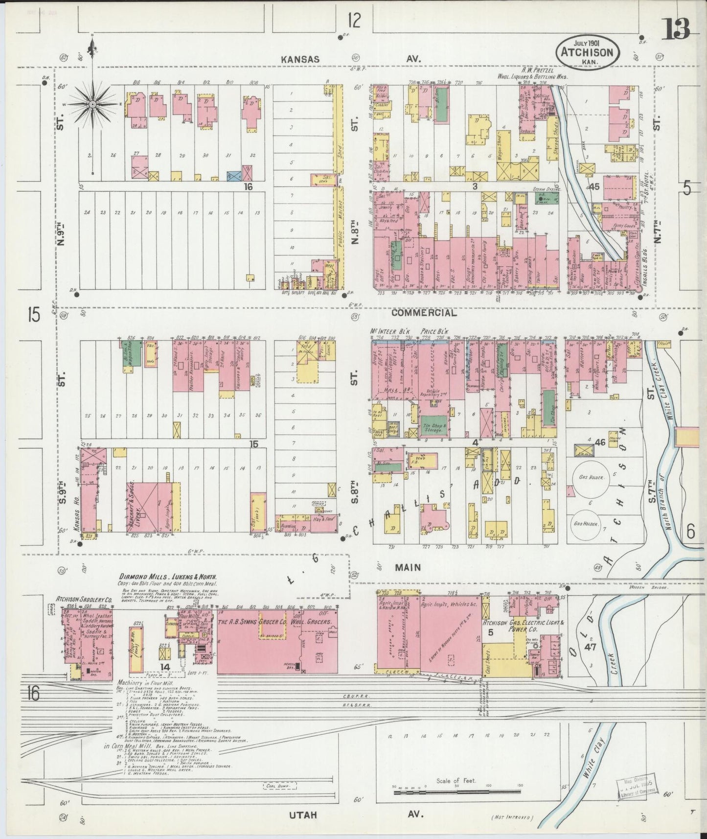 Sanborn Fire Insurance Map from Atchison, Atchison County, Kansas (1901), Sheet #0013 - Historic Sanborn Fire Insurance Map Print, vintage old map wall art, antique decor, genealogy gift, Kansas Kansas map
