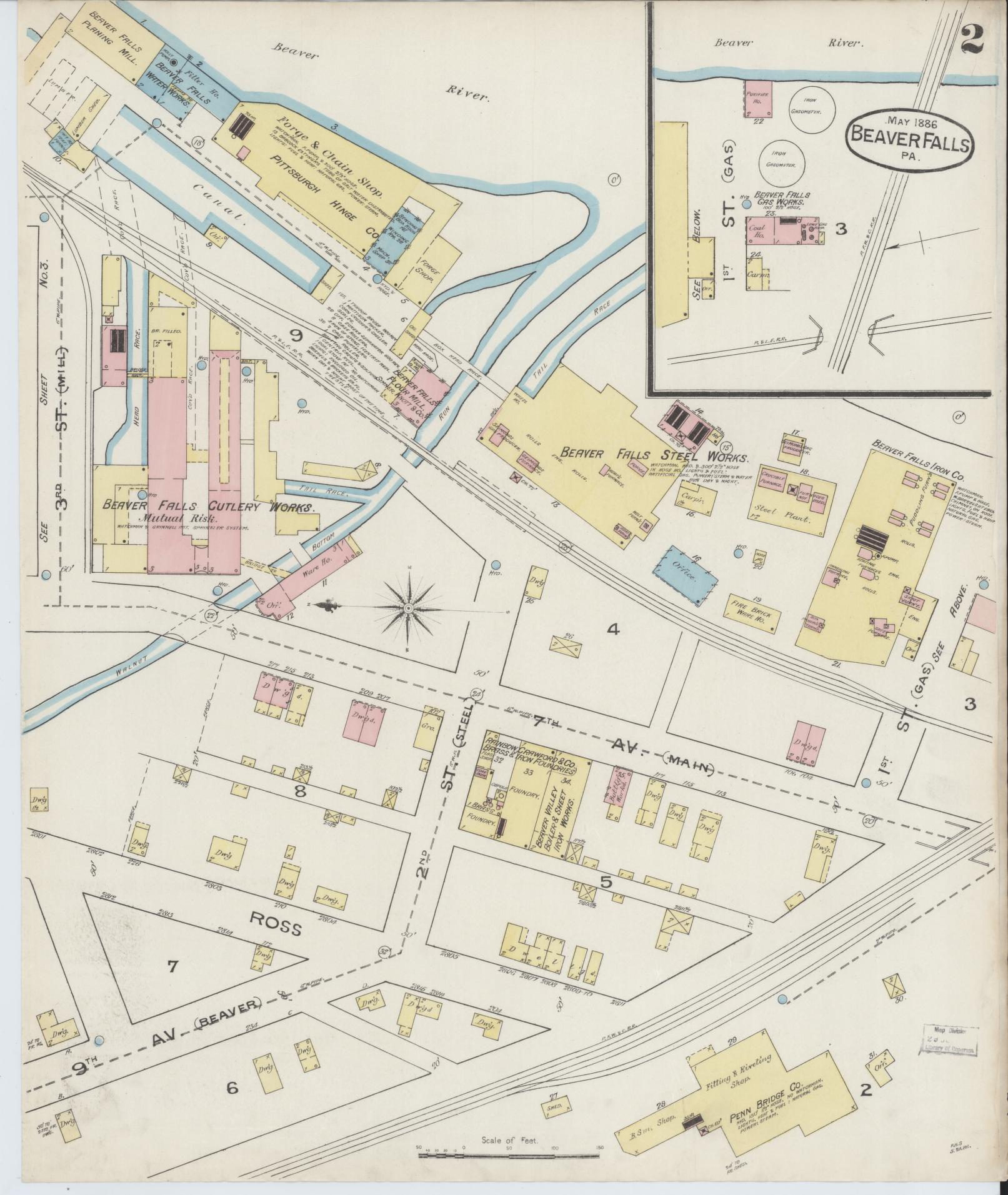 Sanborn Fire Insurance Map from Beaver Falls, Beaver County, Pennsylvania (1886), Sheet #0002 - Historic Sanborn Fire Insurance Map Print, vintage old map wall art, antique decor, genealogy gift, Pennsylvania Pennsylvania map
