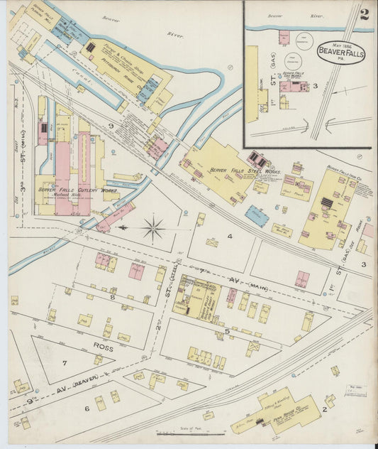 Sanborn Fire Insurance Map from Beaver Falls, Beaver County, Pennsylvania (1886), Sheet #0002 - Historic Sanborn Fire Insurance Map Print, vintage old map wall art, antique decor, genealogy gift, Pennsylvania Pennsylvania map
