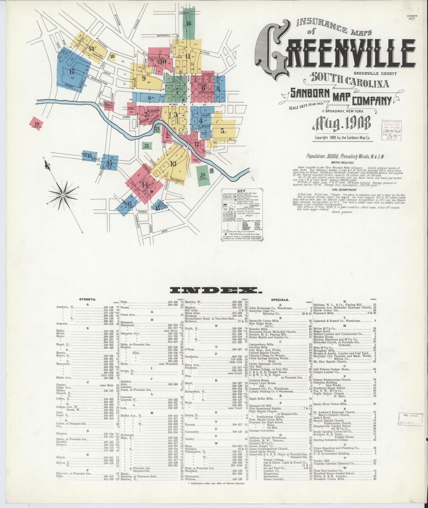 Sanborn Fire Insurance Map from Greenville, Greenville County, South Carolina (1908), Sheet #0001 - Historic Sanborn Fire Insurance Map Print, vintage old map wall art, antique decor, genealogy gift, South Carolina South Carolina map