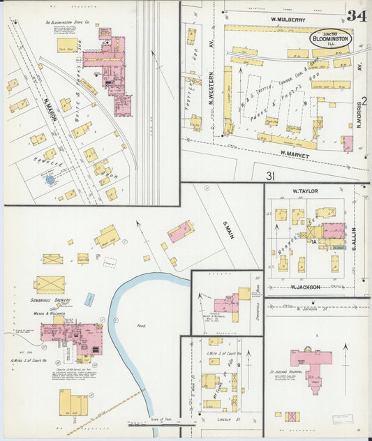 Sanborn Fire Insurance Map from Bloomington, McLean County, Illinois (1901), Sheet #0034 - Historic Sanborn Fire Insurance Map Print, vintage old map wall art, antique decor, genealogy gift, Illinois Illinois map