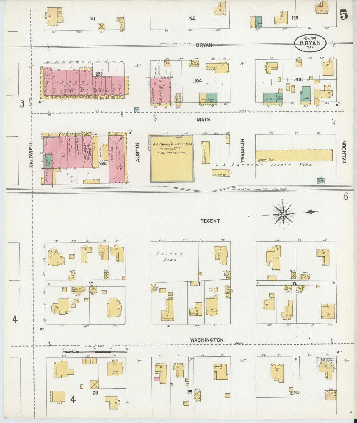 Sanborn Fire Insurance Map from Bryan, Brazos County, Texas (1901), Sheet #0005 - Historic Sanborn Fire Insurance Map Print, vintage old map wall art, antique decor, genealogy gift, Texas Texas map