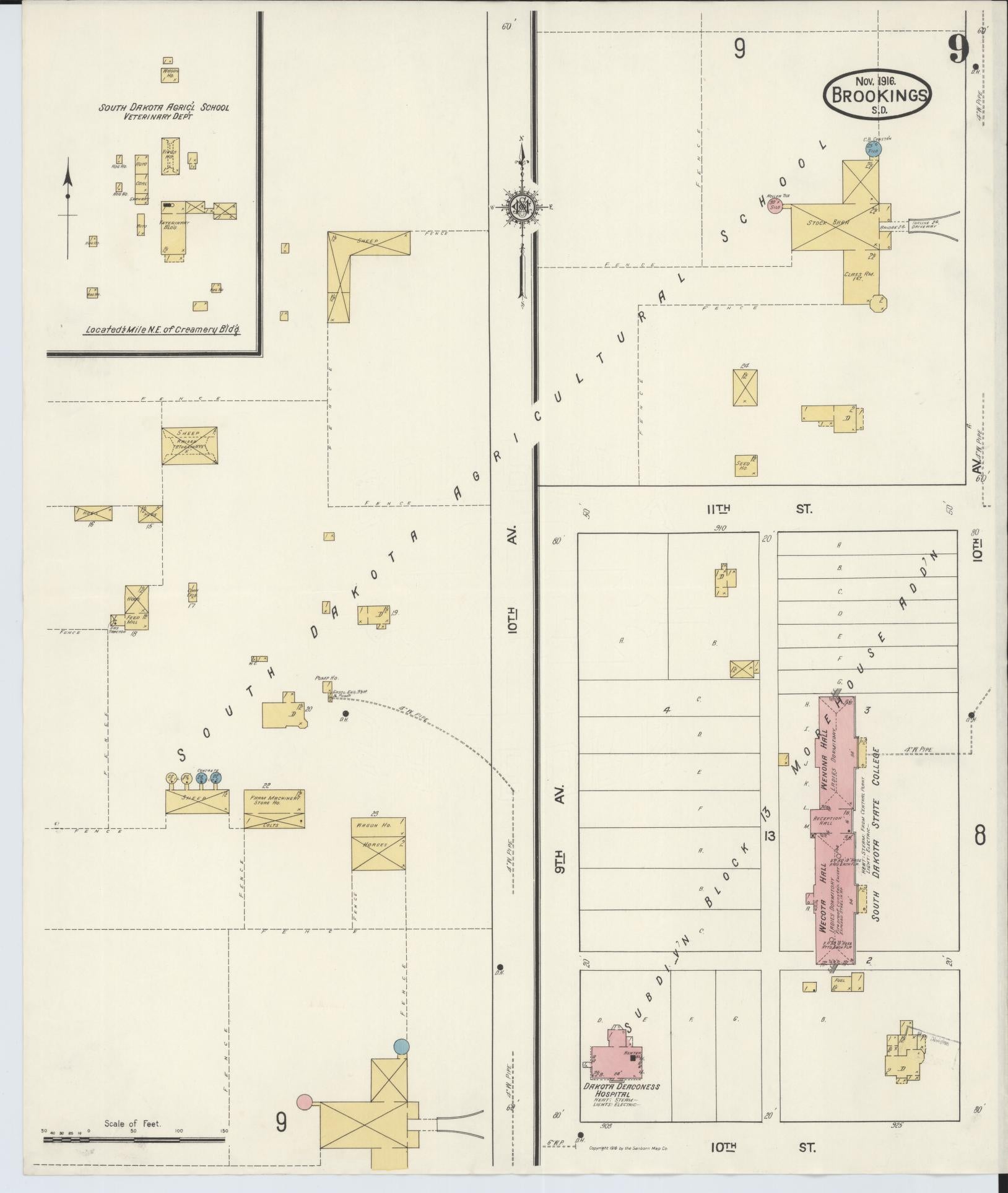 Sanborn Fire Insurance Map from Brookings, Brookings County, South Dakota (1916), Sheet #0009 - Historic Sanborn Fire Insurance Map Print, vintage old map wall art, antique decor, genealogy gift, South Dakota South Dakota map